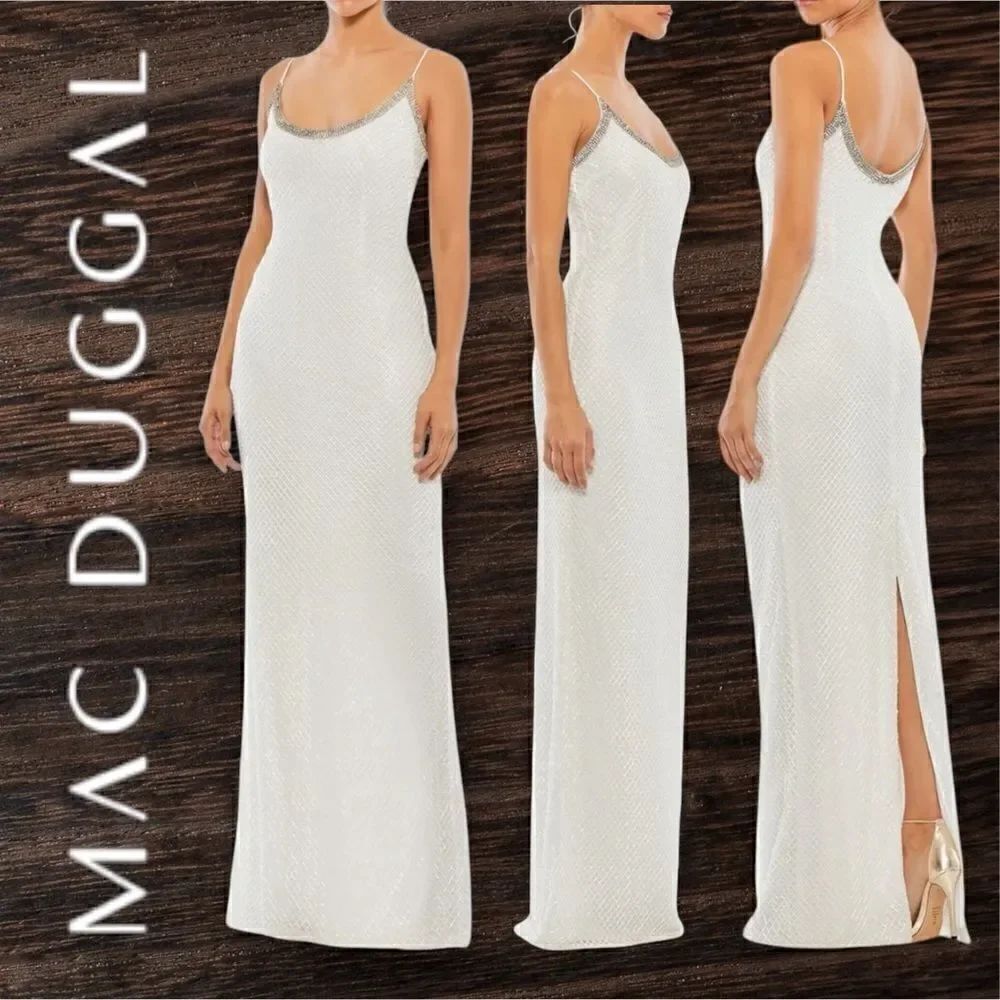 MAC DUGGAL Women’s Beaded Spaghetti Strap Column Gown in the Size 6 in White
